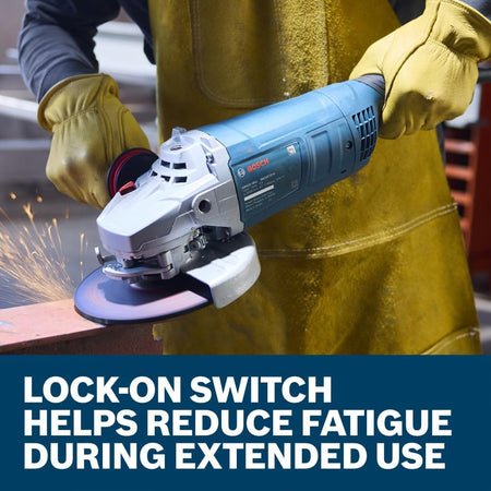 A close-up field shot capturing a shower of bright orange friction sparks spraying backwards from the cutting path as an operator uses the Bosch GWS22-180J 7-inch grinder to notch a carbon steel metal angle beam. Pictured above a matching dark blue graphic text box that reads Lock-on switch helps reduce fatigue during extended use, the view highlights the continuous material removal power of this metal processing machine.
