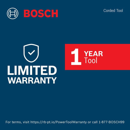 Official corded tool product limited warranty details graphic layout sheet for the Bosch GWS22-180J 15-Amp large angle grinder platform. Set on a uniform dark blue backdrop, the clean design layout states a standard 1 year tool consumer replacement protection policy alongside specialized digital support links and toll-free service telephone lines.