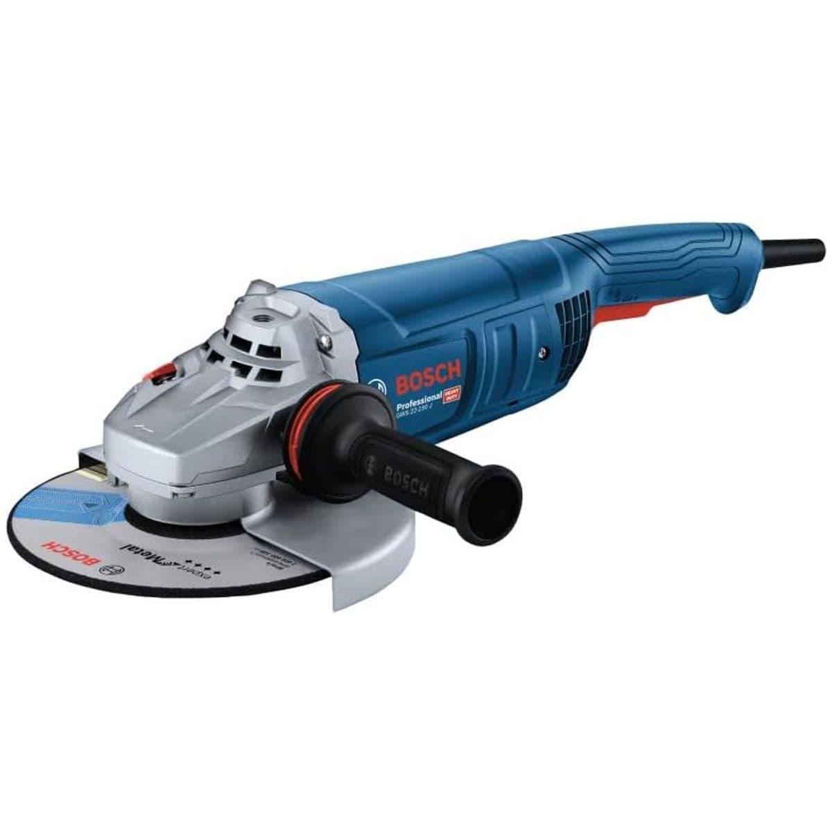 A comprehensive studio product catalog view of the Bosch GWS22-230J 9-Inch Large Angle Grinder positioned diagonally against a clean white background. This industrial power tool highlights its blue and black structural composite housing, silver metal gear enclosure, red trigger mechanism, attached auxiliary side handle, and a thick 9-inch abrasive metal grinding wheel disc locked tightly under its protective safety steel guard.