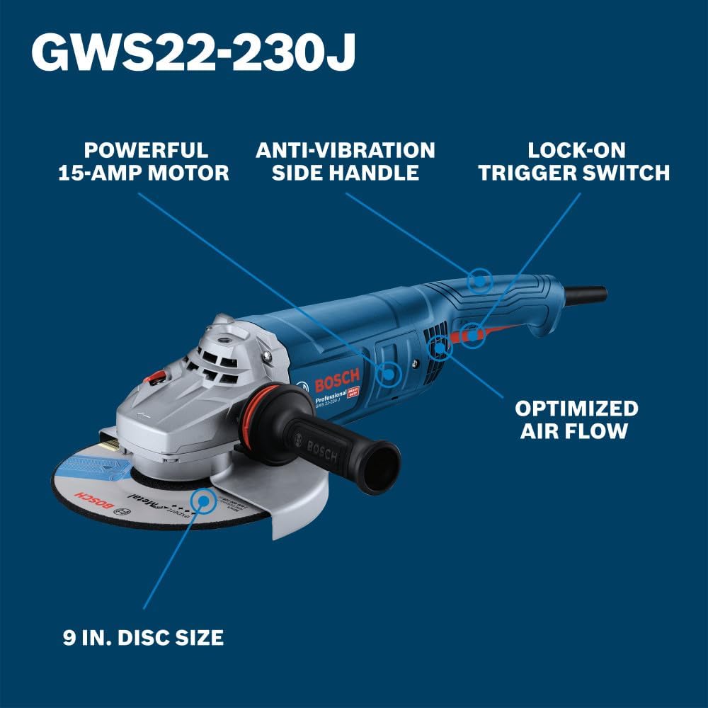 Bosch GWS22-230J 9-inch angle grinder technical product feature diagram optimized for search engine algorithms. Set against a dark blue background panel, white callout text and pointer indicators map out the primary advantages of this heavy-duty corded tool, detailing its powerful 15-Amp motor, anti-vibration side handle, lock-on trigger switch, optimized air flow ventilation grid, and 9-inch disc size capacity.