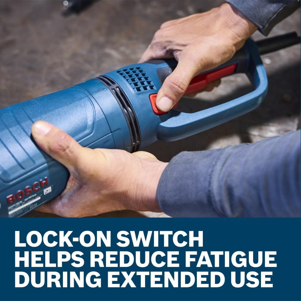 A close-up view of an operator's hands engaging the red trigger switch on the ergonomic handle of the Bosch GWS22-230J angle grinder. Set precisely above a bold blue lower text box that states Lock-on switch helps reduce fatigue during extended use, the shot highlights the user-friendly switch mechanism built for prolonged operation.