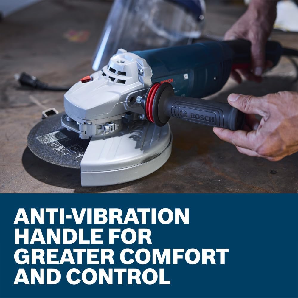 A close-up product use view capturing a workshop fabricator's hand mounting the Vibration Control auxiliary side handle onto the silver metal gear housing of the Bosch GWS22-230J industrial angle grinder. Sized precisely above a bold blue lower text box that states Anti-vibration handle for greater comfort and control, the image highlights how the shock-absorbing grip setup stabilizes heavy grinding tasks.