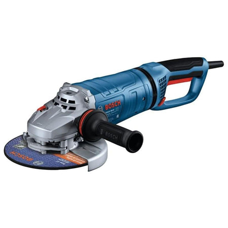 A comprehensive studio product view of the Bosch GWS25-180JR 7-Inch 15-Amp Large Angle Grinder positioned diagonally against a crisp white background. This industrial power tool highlights its blue and black structural composite housing, silver metal gear enclosure, red trigger mechanism, attached auxiliary side handle, and a thick 7-inch abrasive metal grinding wheel disc locked tightly under its protective safety steel guard.