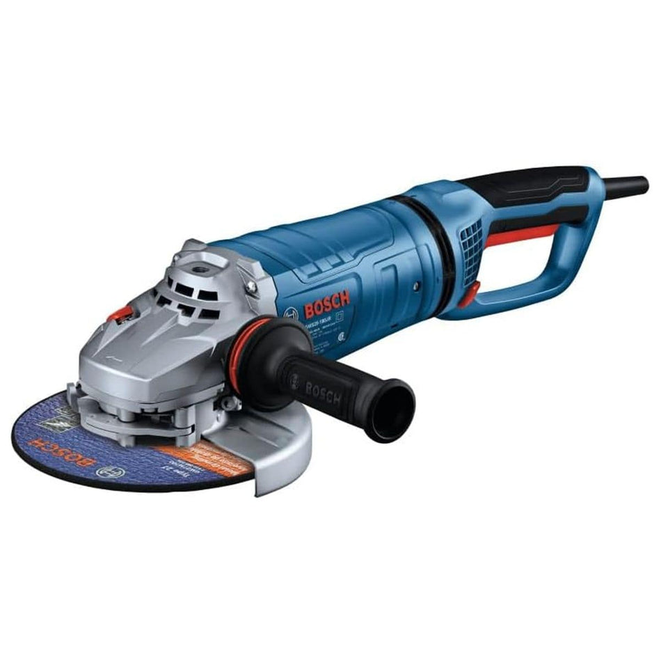 A comprehensive studio product view of the Bosch GWS25-180JR 7-Inch 15-Amp Large Angle Grinder positioned diagonally against a crisp white background. This industrial power tool highlights its blue and black structural composite housing, silver metal gear enclosure, red trigger mechanism, attached auxiliary side handle, and a thick 7-inch abrasive metal grinding wheel disc locked tightly under its protective safety steel guard.