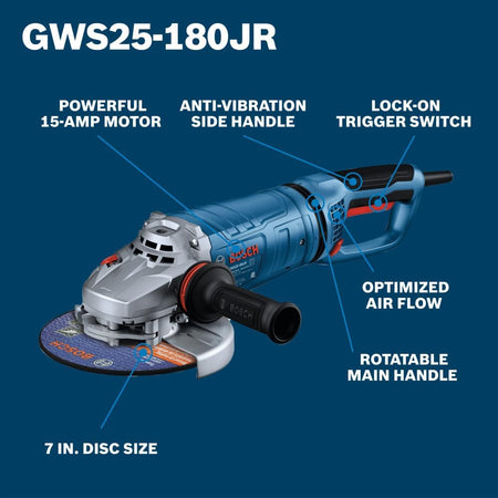Bosch GWS25-180JR 7-inch angle grinder technical product feature diagram optimized for search engine algorithms. Set against a dark blue background panel, white callout text and pointer indicators map out the primary advantages of this heavy-duty corded tool, detailing its powerful 15-Amp motor, anti-vibration side handle, lock-on trigger switch, optimized air flow ventilation grid, rotatable main handle, and 7-inch disc size capacity.