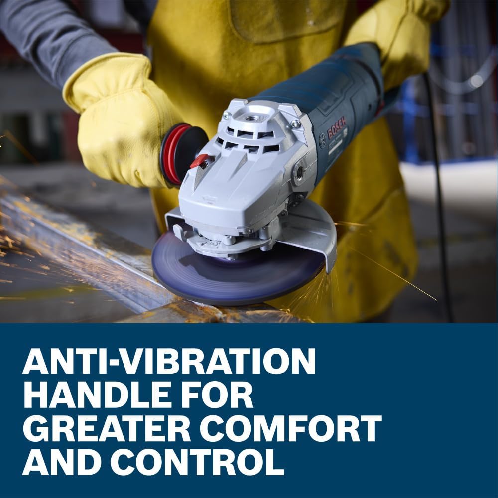 A professional technician handling the Bosch GWS25-180JR heavy-duty corded angle grinder to smooth out raw structural components inside an industrial workspace. Sized precisely above a bold blue lower text box that states Anti-vibration handle for greater comfort and control, the close-up shot underscores how the dampening side handle stabilizes tracking to protect hand comfort.