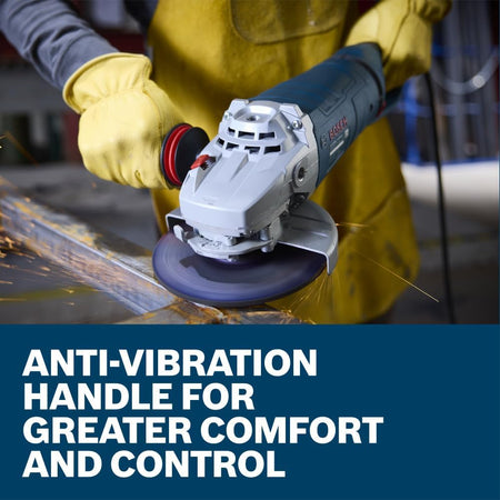 A professional technician handling the Bosch GWS25-180JR heavy-duty corded angle grinder to smooth out raw structural components inside an industrial workspace. Sized precisely above a bold blue lower text box that states Anti-vibration handle for greater comfort and control, the close-up shot underscores how the dampening side handle stabilizes tracking to protect hand comfort.