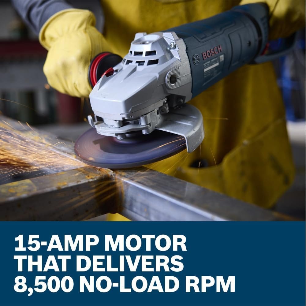 A close-up field shot capturing a shower of bright orange friction sparks spraying backwards from the cutting path as an operator uses the Bosch GWS25-180JR 7-inch grinder to notch a carbon steel metal angle beam. Pictured above a matching dark blue graphic text box that reads 15-Amp motor that delivers 8,500 no-load RPM, the view highlights the raw material removal power of this metal processing machine.