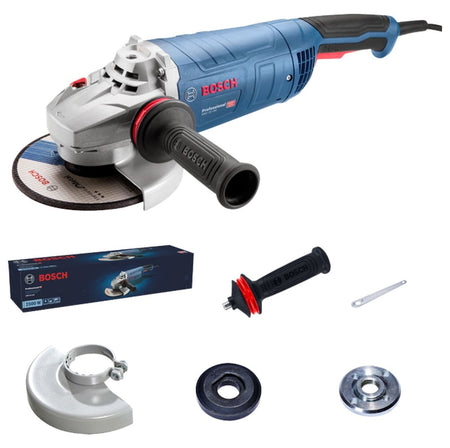 A comprehensive product catalog view of the Bosch GWS25-180PR 7-Inch Large Angle Grinder kit isolated against a clean white background. The image clearly showcases the heavy-duty corded metal grinder body alongside its vital accessories, including a Type A closed cutting wheel guard, a Type B open face grinding wheel safety guard, a vibration-dampening auxiliary side handle, a spanner lock nut wrench, an inner backing flange, and an outer lock nut.