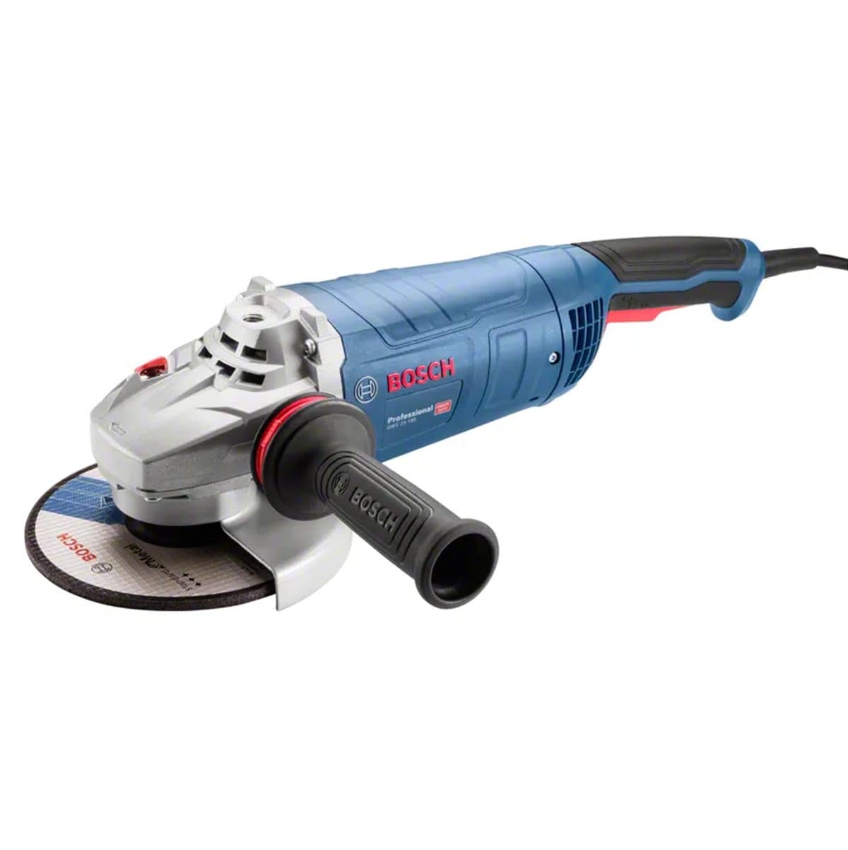 An informational features layout infographic for the Bosch GWS25-180PR corded heavy-duty grinder optimized for search engine algorithms. Set against a deep blue backdrop, graphic pointer lines call out specific tool advantages, labeling the powerful 15-Amp motor delivering 8,500 no-load RPM, advanced safety features like restart protection, a rotatable main handle for multiple cutting angles, and a soft-start configuration for smooth controlled ramp-ups.
