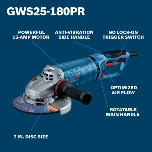 A close-up application shot of an industrial metal worker utilizing the Bosch GWS25-180PR 7-inch angle grinder to slice vertically down a raw metal substrate. The craftsman balances the heavy-duty tool with both hands using gray and black protective work gloves, accompanied by a lower high-conversion marketing text banner reading Powerful 15-Amp motor for maximum power and productivity.