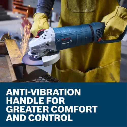 A metal fabrication technician utilizing the Bosch GWS25-180PR 15-Amp large angle grinder to bevel a thick steel frame section inside a welding shop. Bright orange sparks spray backwards from the protective closed guard assembly, positioned above a solid blue marketing banner reading Advanced safety features no lock-on trigger switch and restart protection.