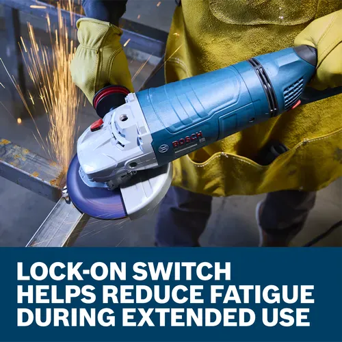 A field operator guiding the Bosch GWS25-180PR 7-inch industrial angle grinder to slice smoothly through a metal structure. The action image highlights the steady handling control provided by the soft start electronics during initial contact, set over a text graphic stating Smooth & precise operation soft start reduces initial torque on startup.