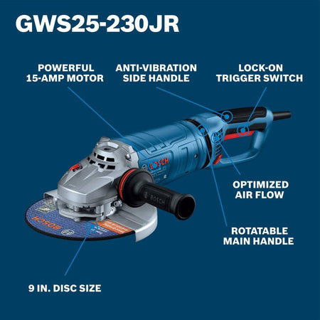 Bosch GWS25-230JR 9-inch angle grinder technical product feature diagram optimized for search engine algorithms. Set against a dark blue background panel, white callout text and pointer indicators map out the primary advantages of this heavy-duty corded tool, detailing its powerful 15-Amp motor, anti-vibration side handle, lock-on trigger switch, optimized air flow ventilation grid, rotatable main handle, and 9-inch disc size capacity.