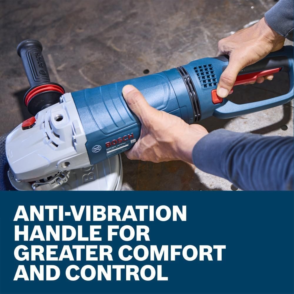 A detailed product view showing a close-up of a worker adjusting the orientation of the rotatable main handle on the Bosch heavy-duty corded angle grinder. Sized precisely above a bold blue lower text box that states Anti-vibration handle for greater comfort and control, the shot underscores how the customizable grips optimize ergonomics during grueling shifts.
