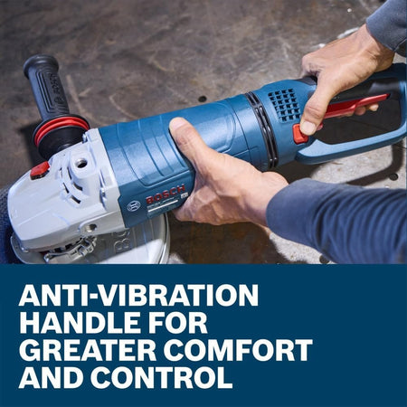 A detailed product view showing a close-up of a worker adjusting the orientation of the rotatable main handle on the Bosch heavy-duty corded angle grinder. Sized precisely above a bold blue lower text box that states Anti-vibration handle for greater comfort and control, the shot underscores how the customizable grips optimize ergonomics during grueling shifts.