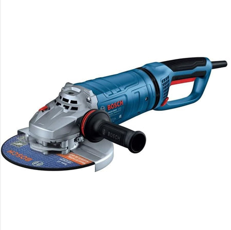 A standalone studio product view identical to file GWS25-230JR.jpg displaying the isolated profile of the Bosch GWS25-230JR 9-inch corded industrial angle grinder tool. This graphic-free variant cuts out all marketing text overlays and indicators to focus exclusively on the aerodynamic motor body casing, rotatable handle structure, and robust backing flange nut array.