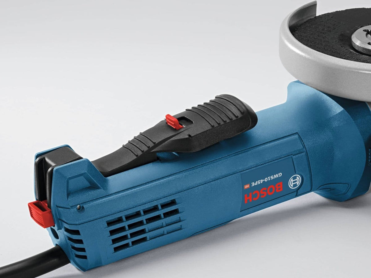 Close-up of the multi-grip paddle switch on the Bosch angle grinder, designed for improved ergonomics and operator comfort.
