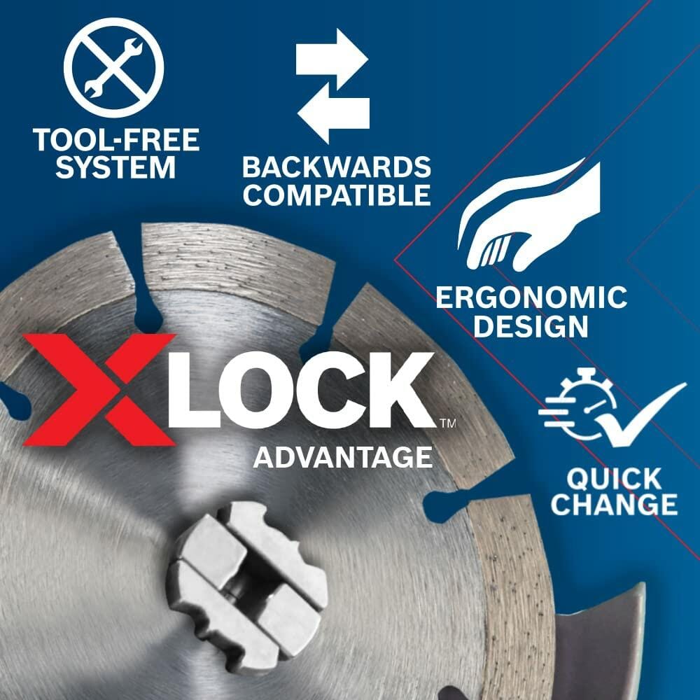 Disc brake rotor with XLock Advantage branding and feature icons on a blue background
