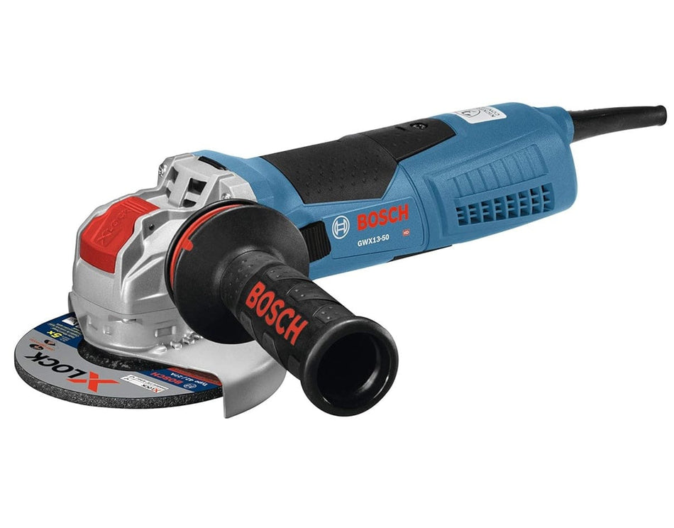Bosch GWX13-50 angle grinder shown with X-LOCK disc and side handle. The tool’s blue and black body includes red Bosch branding, and the image highlights its quick-change system and control features for grinding and cutting tasks.
