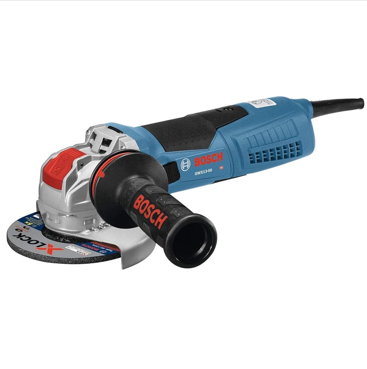 Bosch GWX13-50 angle grinder shown with X-LOCK disc and side handle. The tool’s blue and black body includes red Bosch branding, and the image highlights its quick-change system and control features for grinding and cutting tasks.