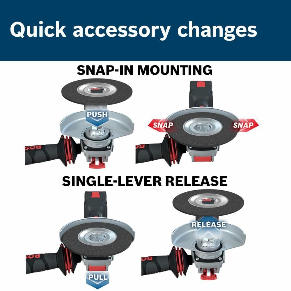 Instructional graphic showing Bosch’s X-LOCK accessory change process. Two sections illustrate “Snap-In Mounting” and “Single-Lever Release” with labeled steps for pushing, snapping, pulling, and releasing the disc.