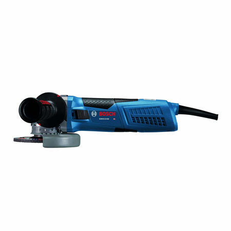 Side view of Bosch GWX13-50 angle grinder featuring a side handle, protective guard, and corded power source. The blue and black body includes red accents and Bosch branding, highlighting its ergonomic and durable design.