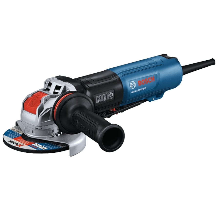 Studio product view of the Bosch GWX14-50PBD 5-inch angle grinder with its distinctive red X-LOCK mount, blue housing, and black anti-vibration side handle.