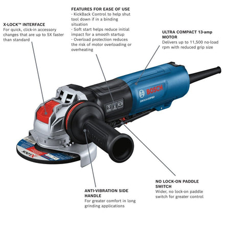 Technical product diagram of the Bosch GWX14-50PBD angle grinder with labels identifying key features:

X-LOCK Interface: For quick, click-in accessory changes that are up to 5X faster than standard.

Features for Ease of Use: KickBack Control, soft start for smooth startups, and overload protection to reduce motor risk.

Ultra Compact 13-amp Motor: Delivers up to 11,500 no-load rpm with a reduced grip size.

Anti-Vibration Side Handle: For greater comfort in long grinding applications.

No Lock-On Paddle S
