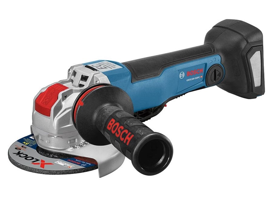 Bosch cordless angle grinder with X-LOCK disc and side handle; battery-powered design shown on workshop surface.