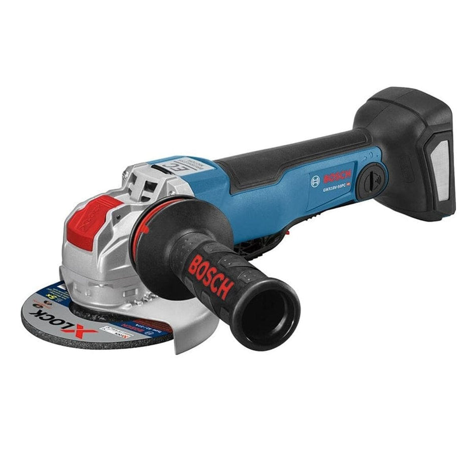 Bosch cordless angle grinder with X-LOCK disc and side handle; battery-powered design shown on workshop surface.