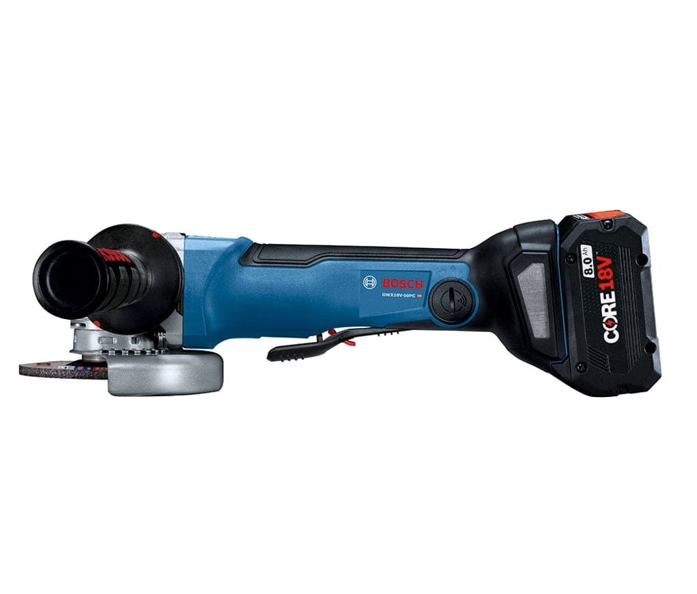 Bosch cordless angle grinder with side handle and CORE18V battery; protective guard and brushless motor label visible.