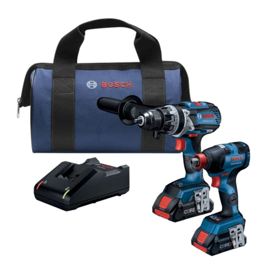 The Bosch GXL18V-226B25 18V 2-tool combo kit featuring the Brute Tough hammer drill and Freak two-in-one impact driver shown with two CORE18V batteries, a charger, and a blue carrying bag.
