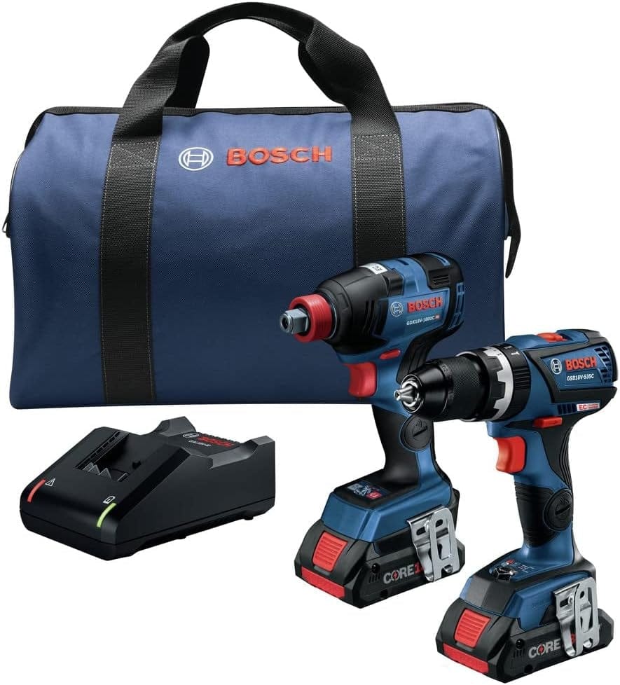 A complete Bosch GXL18V-251B25-RT 18V brushless 2-tool combo kit featuring a 1/2-inch hammer drill, a Freak two-in-one impact driver, two CORE18V 4.0 Ah batteries, a charger, and a blue contractor carrying bag.
