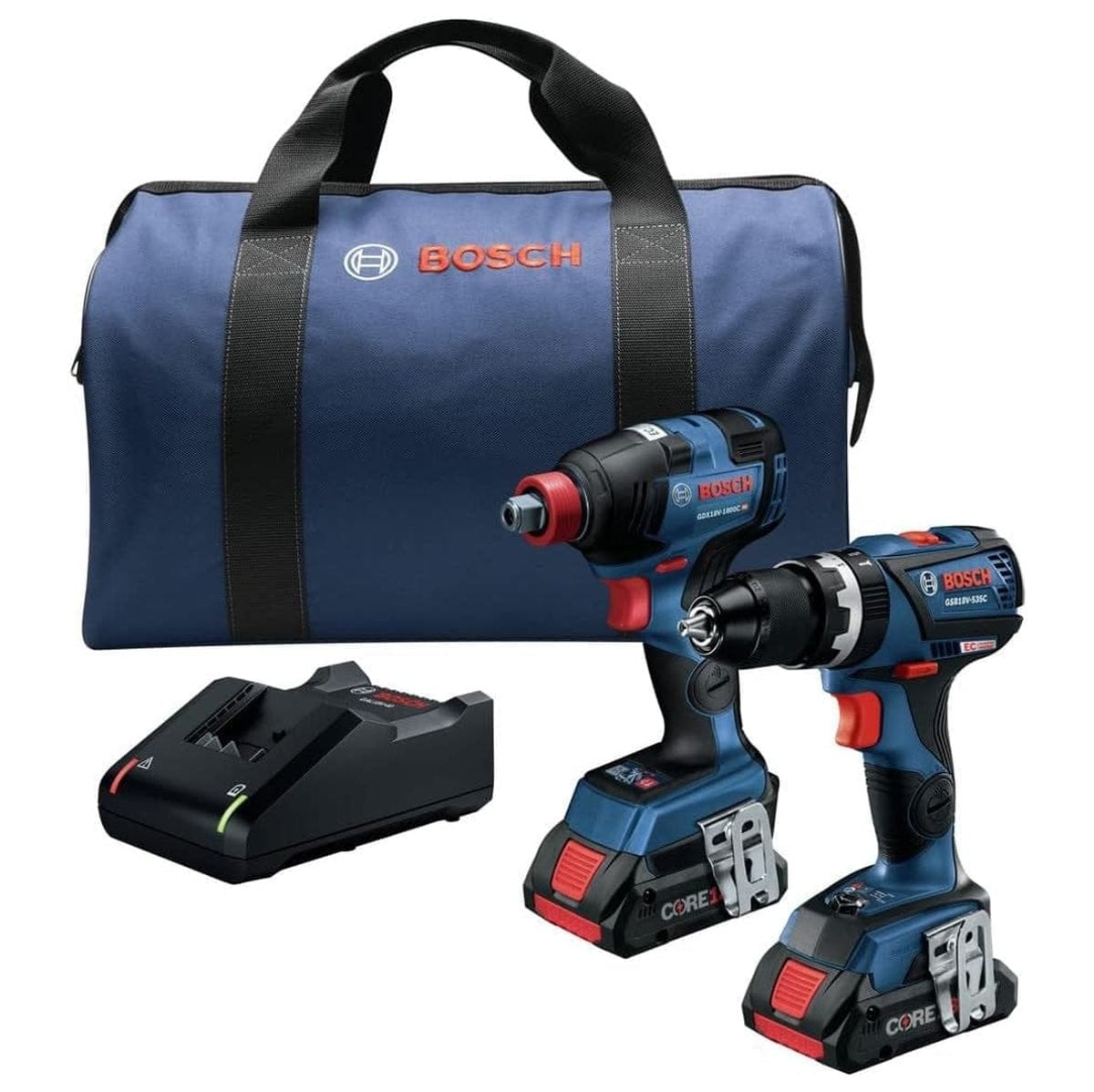 A complete Bosch GXL18V-251B25-RT 18V brushless 2-tool combo kit featuring a 1/2-inch hammer drill, a Freak two-in-one impact driver, two CORE18V 4.0 Ah batteries, a charger, and a blue contractor carrying bag.