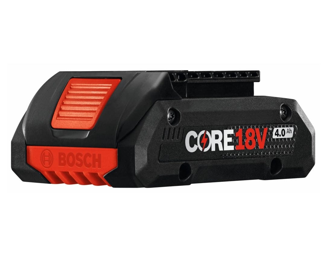 A close-up view of the Bosch CORE18V 4.0 Ah compact battery featuring high-density 21700 cell technology and a red-accented housing with the CORE18V branding.