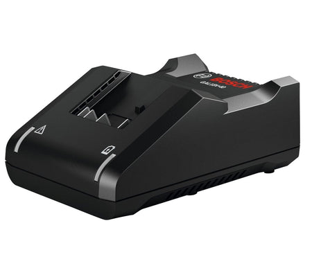 A Bosch GAL18V-40 18V Lithium-Ion battery charger with a compact black design and status indicator lights for efficient jobsite power management.