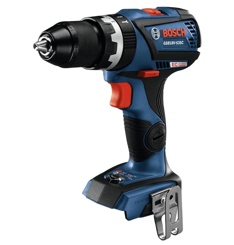 A perspective view of the Bosch GSB18V-535C 18V brushless Connected-Ready 1/2-inch hammer drill driver showcasing the all-metal keyless chuck and ergonomic handle design.
