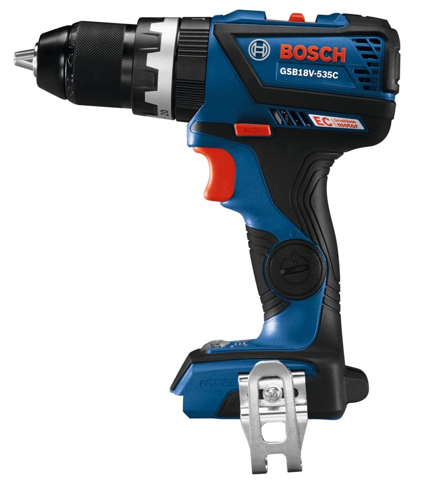 A full side profile of the Bosch 18V brushless hammer drill driver illustrating the compact 7.9-inch height and the integrated belt clip for easy jobsite portability.