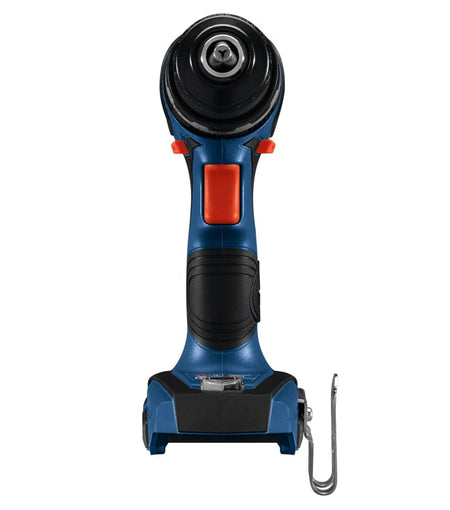 A front-facing view of the Bosch brushless hammer drill driver showcasing the 1/2-inch keyless chuck and the symmetrical design of the tool body.