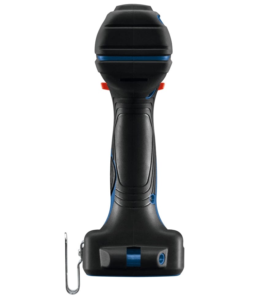 A rear-facing view of the Bosch 18V hammer drill driver highlighting the textured rubberized grip and the cooling vents for the high-efficiency brushless motor.