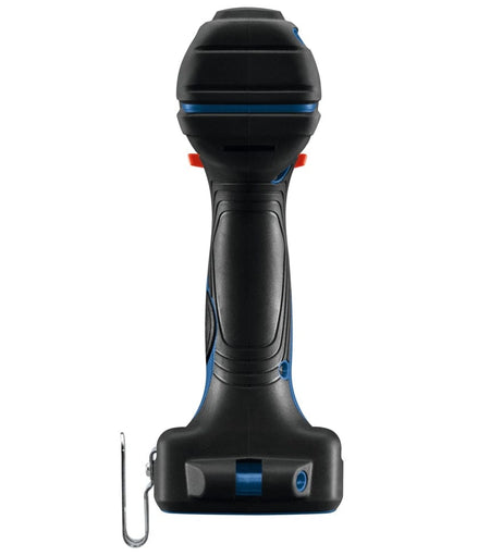 A rear-facing view of the Bosch 18V hammer drill driver highlighting the textured rubberized grip and the cooling vents for the high-efficiency brushless motor.