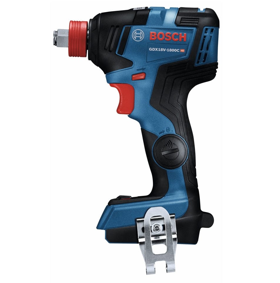 A full side profile of the Bosch GDX18V-1800C Freak impact driver featuring the innovative 1/4-inch hex and 1/2-inch square drive two-in-one chuck.
