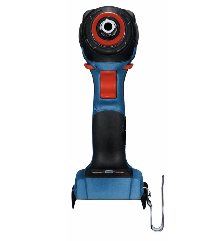 A front-facing view of the Bosch Freak impact driver focusing on the unique red-accented bit and socket drive chuck and the high-torque motor housing.