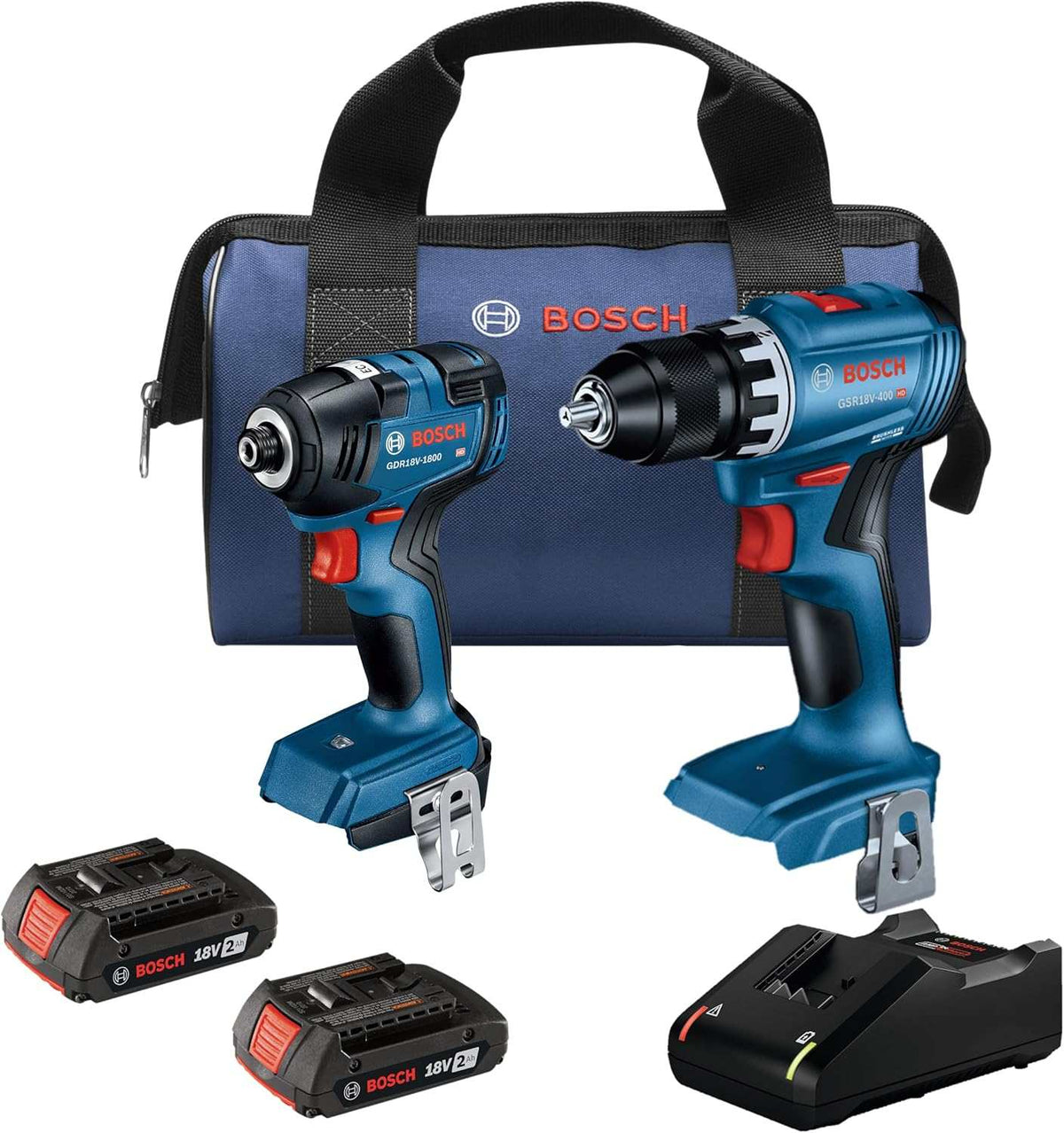 A complete set view of the Bosch GXL18V-27B22 18V brushless 2-tool combo kit, featuring a blue canvas carrying bag, a 1/4 inch hex impact driver, a compact 1/2 inch drill driver, two 18V 2Ah standard power batteries, and a battery charger arranged against a clean white background.