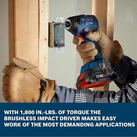 A construction worker wearing leather gloves uses the Bosch 18V brushless impact driver to quickly fasten a metal electrical box to a wooden wall stud, with overlay text emphasizing its 1,800 inch-pounds of torque for making easy work of demanding applications.