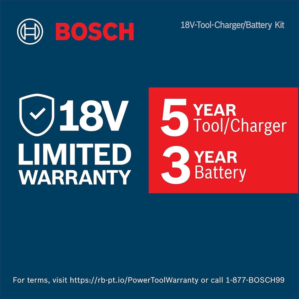 A blue and red Bosch 18V limited warranty graphic detailing the coverage for this combo kit, highlighting a 5-year warranty for the tool and charger, alongside a 3-year warranty for the battery.
