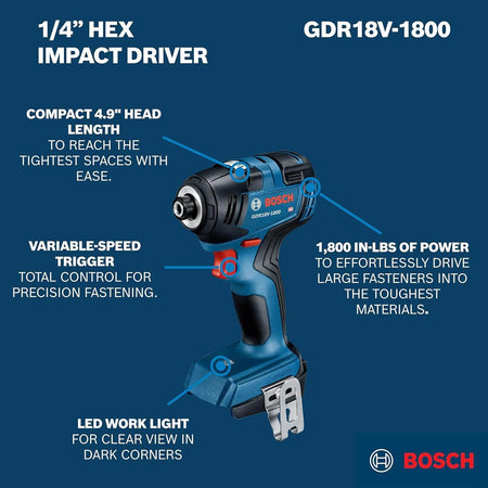 A features callout diagram for the Bosch 1/4 inch hex impact driver highlighting its compact 4.9-inch head length for tight spaces, variable-speed trigger for precision, built-in LED work light, and an impressive 1,800 inch-pounds of power to effortlessly drive large fasteners.