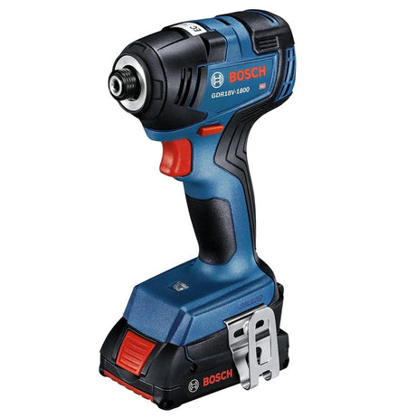 A front-angle studio photo of the Bosch 18V brushless 1/4 inch hex impact driver standing upright on its battery, showcasing its compact blue and black motor housing, quick-release hex chuck, and convenient metal belt clip.
