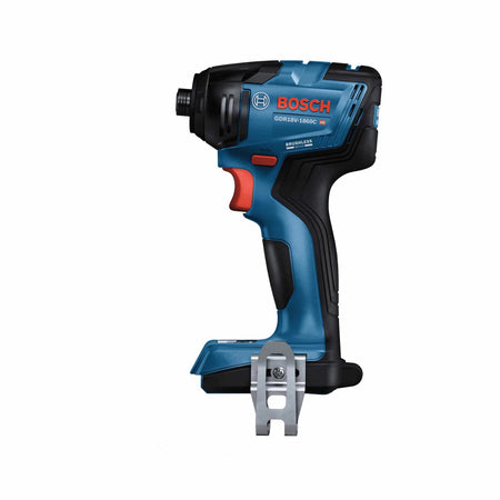 A left-side profile photo of the Bosch 18V compact brushless impact driver standing upright, displaying the ergonomic black rubberized grip, red variable-speed trigger, and durable power tool design.